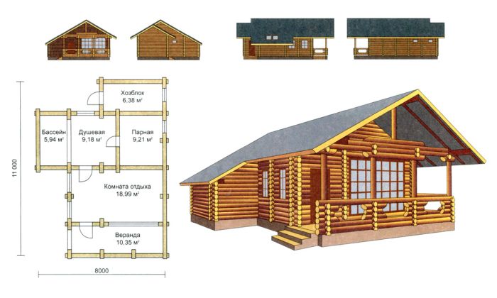 проект и планировка дома с баней из бруса