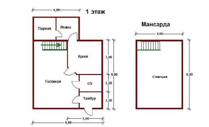 план домика с мансардой и баней