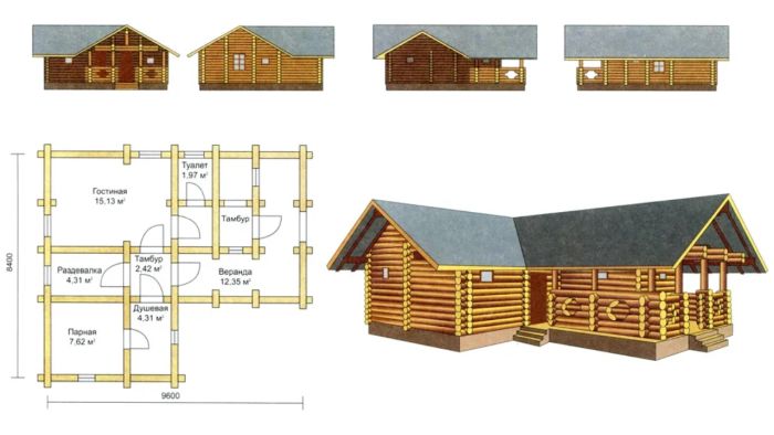 угловой проект гостевого дома с баней из бруса
